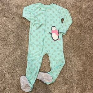 Carters Girls Onesie Footed Sleeper Zip Up Fleece Green Pajama Penguin 4T